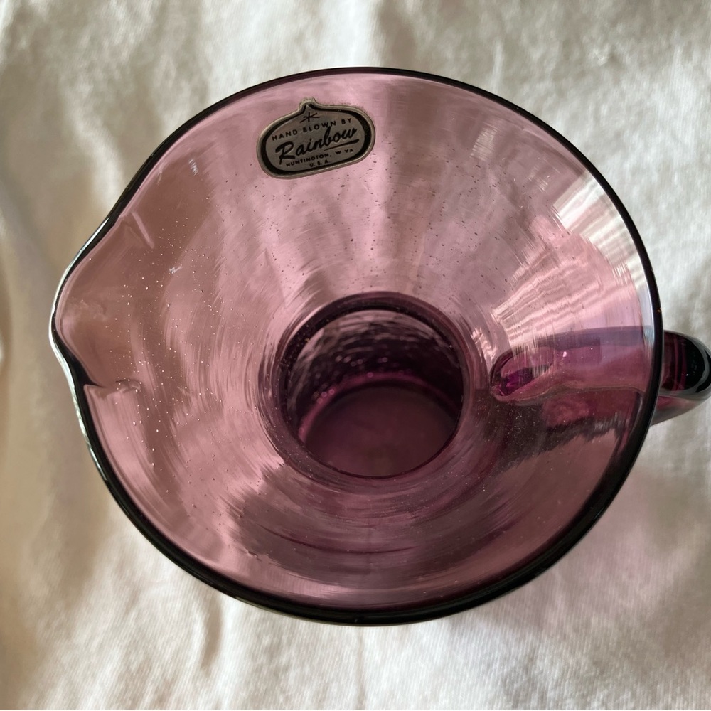 Hand blown crackle glass pitcher amethyst Rainbow Glass original brand sticker 8 - Picture 3 of 6